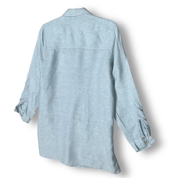 Tahari Linen Tunic Blouse Sz M Button Down Lagenlook Coastal Blue - Picture 8 of 9